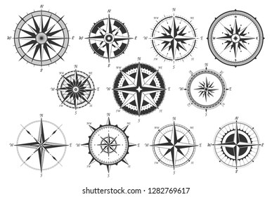 Vintage compass. Nautical map directions vintage rose wind. Retro marine wind measure. Windrose compasses vector icons isolated