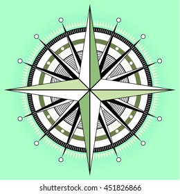Vintage compass on background of lagoone colour. Vind rose in vintage style. Nautical icon on green and blue background for summer and sea illustrations, posters, designs.