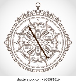 Vintage compass on white background. Isolated element in line art style. Hand drawn vector illustration.