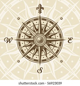 Vintage Compass Rose. EPS8 Vector Illustration In Woodcut Style With Clipping Mask.
