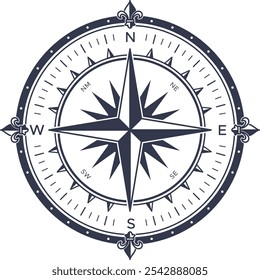 Vintage compass rose with fleur de lis symbols indicating north, south, east, and west, symbolizing navigation, exploration, and the pursuit of direction