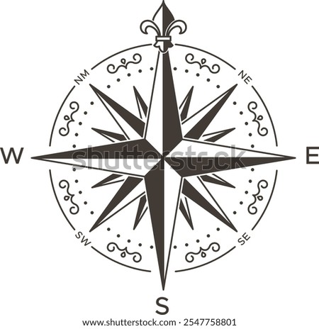 Vintage compass rose with fleur de lis symbol pointing north, indicating direction and navigation, featuring detailed design and cardinal points
