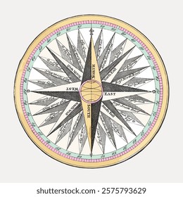 Vintage compass rose with intricate design. Compass rose features cardinal directions. Antique compass rose illustration with detailed patterns. Vintage art drawing illustration, painting art vector.