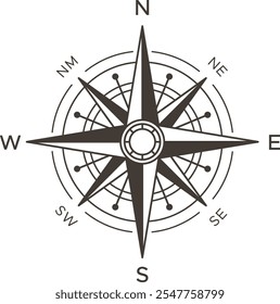 Vintage compass rose pointing north showing all cardinal directions and degree marks, isolated on white background, ideal for travel and adventure concepts