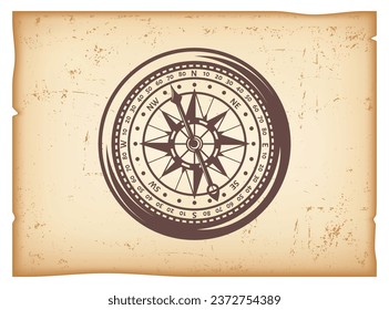 Vintage compass rose. vector illustration in woodcut style with clipping mask editable background vector image