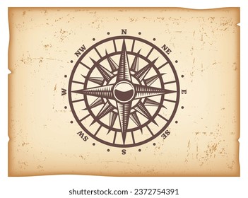 Vintage compass rose. vector illustration in woodcut style with clipping mask editable background vector image