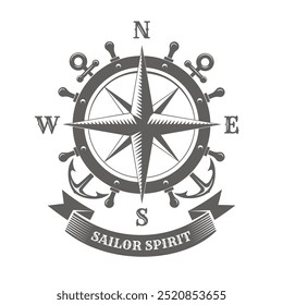 Vintage compass wind rose and anchors label. Ocean shipping navigation etching emblem isolated vector illustration