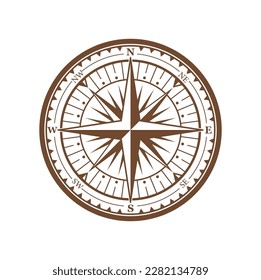 Vintage compass wind rose, medieval nautical navigation sign. Isolated vector maritime symbol for marine travel and orienteering in ocean. Windrose retro element for map and cartography direction