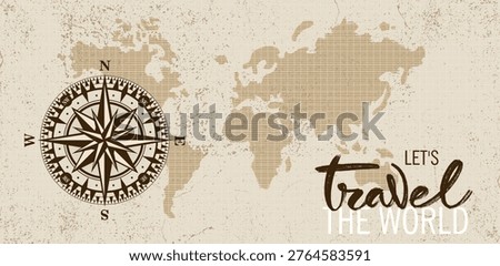 Vintage compass wind rose over old world map, nautical star for mariners with latitude, longitude navigation theme. Retro maritime vector concept for sea voyages, exploration, travel maps. Wind Rose.