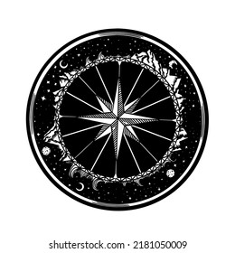 Vintage compass and wind rose tattoo art with mountains and night sky. Adventure, travel, outdoors, symbol silhouette. Vector illustration for print design, sticker, logo, poster