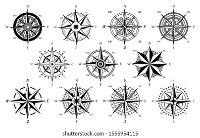Vintage compass. Windrose antique compasses nautical cruise sailing symbols, sea travel marine navigation map element isolated vector cartography discovery icons set