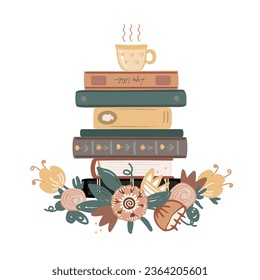 Composición vintage con libros apilados, taza de té y flores de doodle pradera aisladas en fondo blanco. Ilustración vectorial dibujada por mano