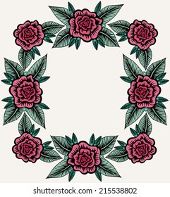 Vintage composition for border. Decorative floral frame with roses. Retro border pattern. Flower motif. Copy space. Vector EPS8. All elements are grouped.