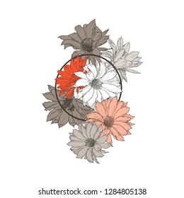  Vintage composition with circle and cactus flowers. Hand drawn vector illustration.  Colored floral template.