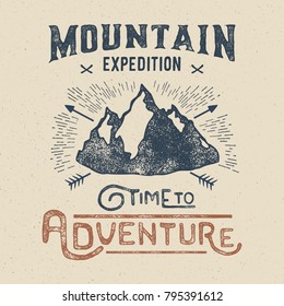 Vintage composition and design Mountain Adventure.  T shirt graphics for print and other user. Vector     