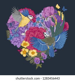 Vintage composition with flowers, butterflies, birds in the shape of a heart. Vector illustration.