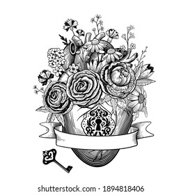 Vintage composition of heart with flowers, retro keyhole and key in engraving style. Black and white vector drawing.