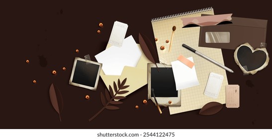 Vintage composition on dark brown background with torn papers, blank photo frames, spiral notebook, tickets and envelope decorated with leaf elements and beads. Newspaper collage or scrapbooking.