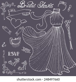 Vintage composition of wedding long dress with handbag, high heel shoes ,veil,garter,Kala flowers bouquet ,lettering.Retro romantic.Fashion bridal shower vector Illustration in outline 