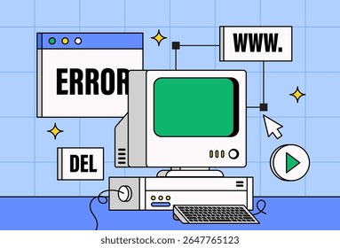 Vintage computer with an "ERROR" message, browser elements, and nostalgic symbols like "WWW.", "DEL", and a play button in cartoon style hand drawn for tech blogs, retro designs