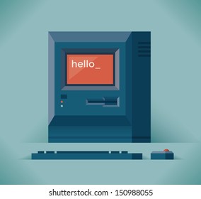 Vintage computer with Hello word on the screen.