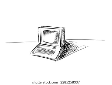 Vintage computer illustration, drawing, engraving, ink, line art, vector