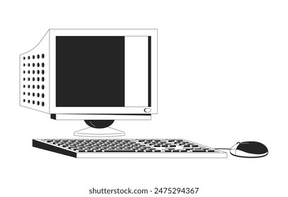 Vintage computer with monitor black and white 2D line cartoon object. Old pc workstation. Electronic device isolated vector outline item. Retro technology monochromatic flat spot illustration