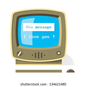 Vintage computer monitor with keyboard and mouse with new chat message I love you ! on screen
