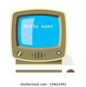 Vintage computer monitor with keyboard and mouse with Hello user message on screen. Artificial Intelligence ( AI ) concept illustration.