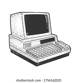 vintage computer sketch engraving vector illustration. T-shirt apparel print design. Scratch board imitation. Black and white hand drawn image.