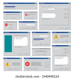Vintage computer windows. Desktop interface retro user frames pop up boxes internet explorer blank windows garish vector templates set
