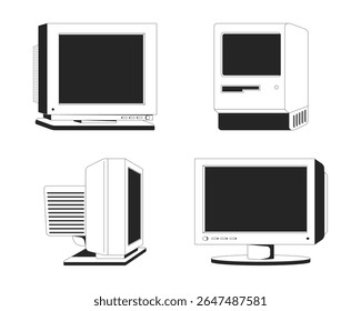 Computadores antigos e CRT monitora o conjunto de objetos de linha 2D. Tecnologia antiga. Dispositivos desatualizados. 80s 90s nostalgia tecnológica isolada cliparts vetorial tinta contorno itens. Coleção de ilustrações pontuais monocromáticas