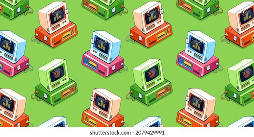 Computadoras antiguas, pc de escritorio antiguo con monitor y unidad de disquete. Ilustración vectorial con computadoras personales retro de color isométrico para el hogar y la oficina en el fondo verde