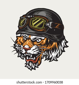 Vintage concept of angry biker tiger head in motorcycle helmet and goggles isolated vector illustration