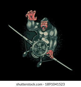 Vintage concept of angry kingkong monkey boarded the plane. Danger primate animals. Gorilla illustration for sport and e-sport team. Vector t-shirt and apparel design of a chimp ape