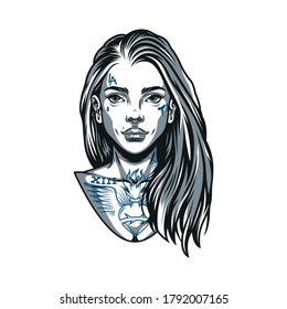 Vintage concept of attractive chicano girl with tattoos and long hair in monochrome style isolated vector illustration