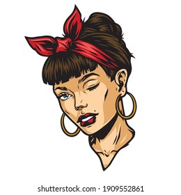 Vintage concept of attractive winking woman head wearing bandana and earrings isolated vector illustration