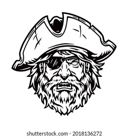 Vintage concept of bearded pirate head with eye patch in cocked hat in monochrome style isolated vector illustration