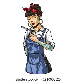 Vintage concept of beautiful female barber with tattoos closed eyes and razor isolated vector illustration