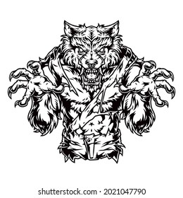 Vintage concept of creepy angry werewolf in monochrome style isolated vector illustration