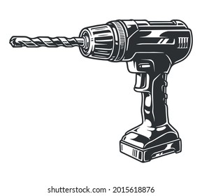 Vintage concept of electric drill in monochrome style isolated vector illustration