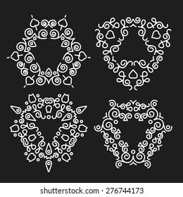 Vintage concept frames, badges and monograms set. Premium quality flat line graphic design. Creative abstract white ornaments with space for text isolated on black background. Vector illustration.
