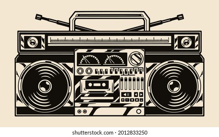 Vintage concept of ghetto blaster with radio buttons knobs and two audio speakers in monochrome style isolated vector illustration