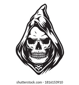 Vintage concept of grim reaper head in monochrome style isolated vector illustration