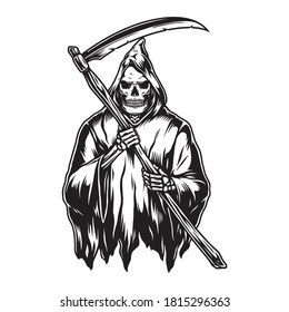 Vintage concept of grim reaper in hood holding scythe in monochrome style isolated vector illustration