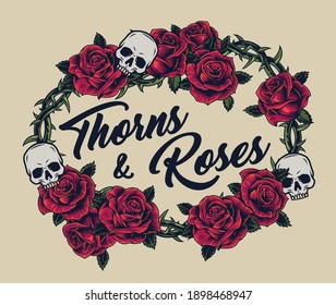 Vintage concept of metal barbwire wreath decorated with beautiful red roses and skulls on light background isolated vector illustration