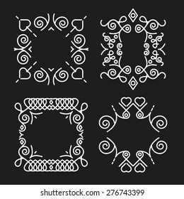 Vintage concept monogram frames set. Premium quality flat line graphic design. Creative abstract white ornaments with space for text isolated on black background. Vector illustration.