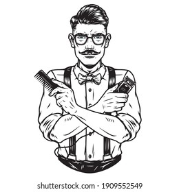 Vintage concept of mustached barber man in glasses shirt bow tie trousers with suspenders with comb and hair clipper isolated vector illustration