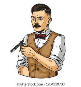 Vintage concept of mustached stylish barber wearing shirt bow tie waistcoat and holding straight razor isolated vector illustration