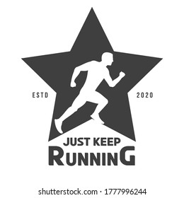 Vintage concept with silhouette running man for print, label, badge or other symbol isolated on white background. Vector illustration.